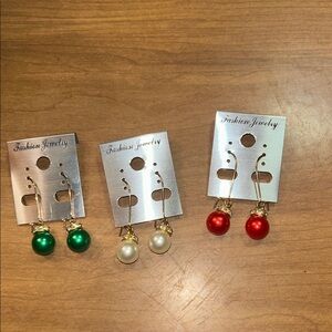 Fashion Jewelry Gold Dangle Earrings Trio - Emerald, Pearl, Ruby